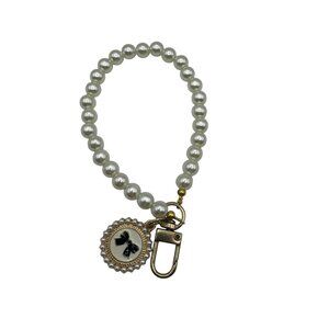 Pearl Beaded Keychain Wristlet With Bow Charm Gold Accent